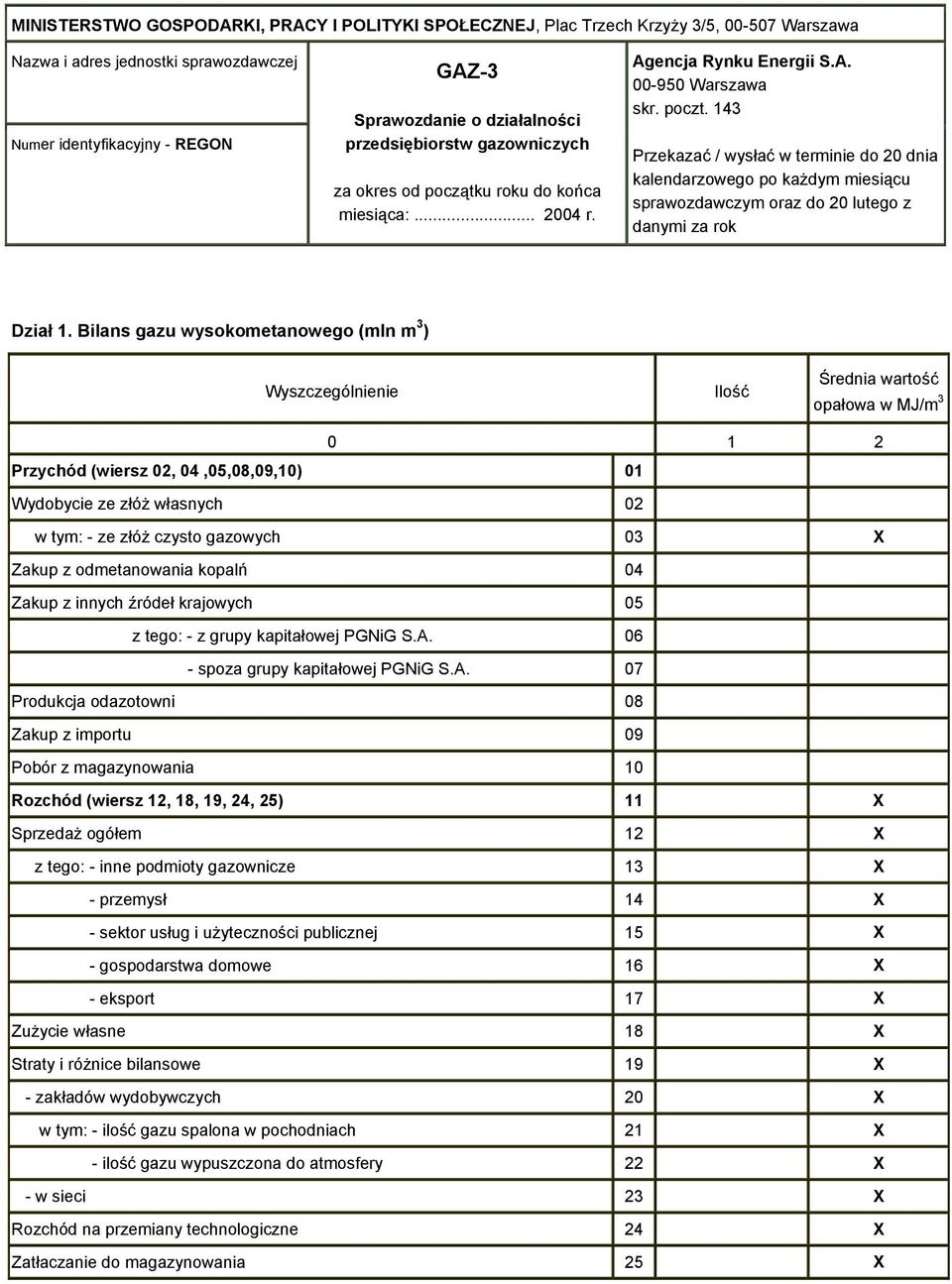 143 Przekazać / wysłać w terminie do 20 dnia kalendarzowego po każdym miesiącu sprawozdawczym oraz do 20 lutego z danymi za rok Dział 1.