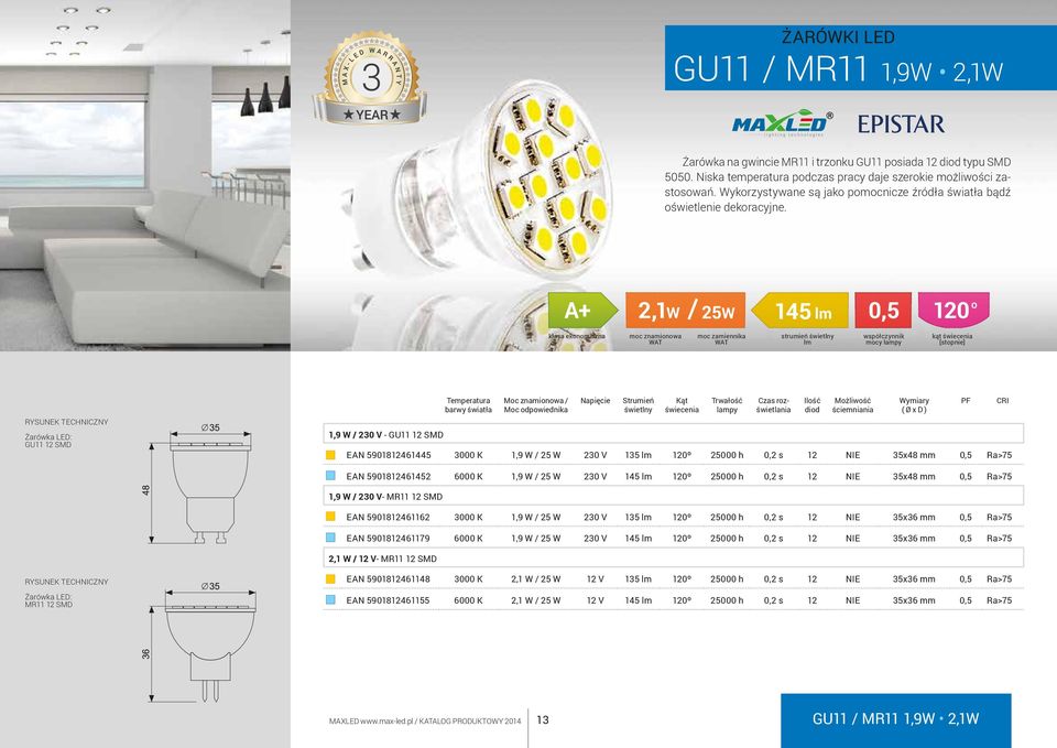 A+ 2,1W 25W 145 0,5 120 º moc zamiennika kąt GU11 12 SMD 1,9 W / 230 V - GU11 12 SMD Moc znamionowa / Moc odpowiednika Możliwość ściemniania EAN 5901812461445 3000 K 1,9 W / 25 W 230 V 135 120º 25000