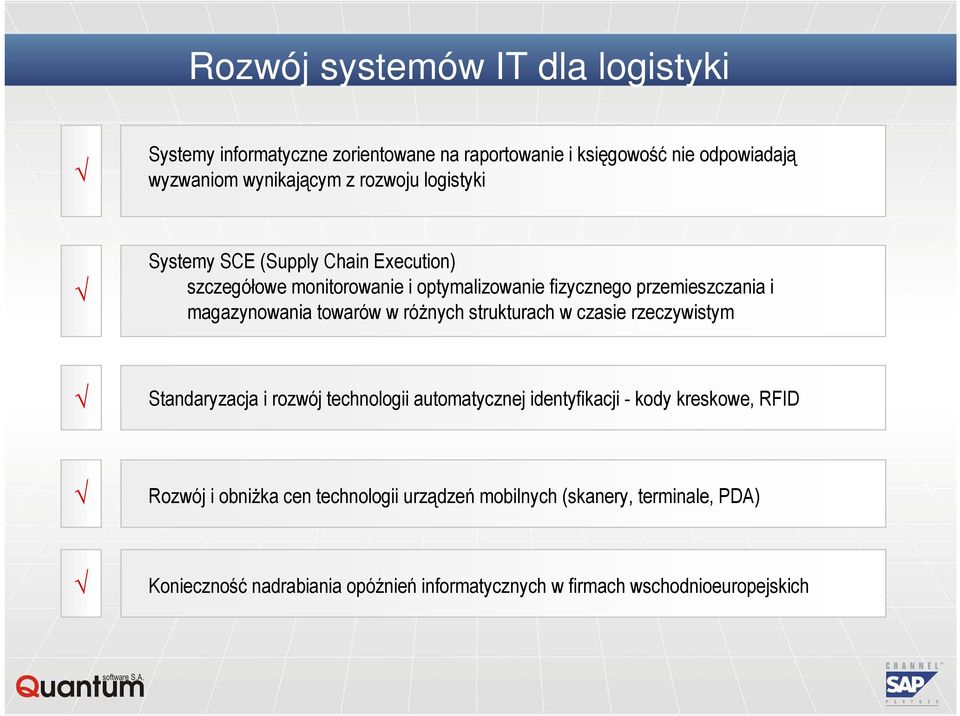 towarów w róŝnych strukturach w czasie rzeczywistym Standaryzacja i rozwój technologii automatycznej identyfikacji - kody kreskowe, RFID Rozwój