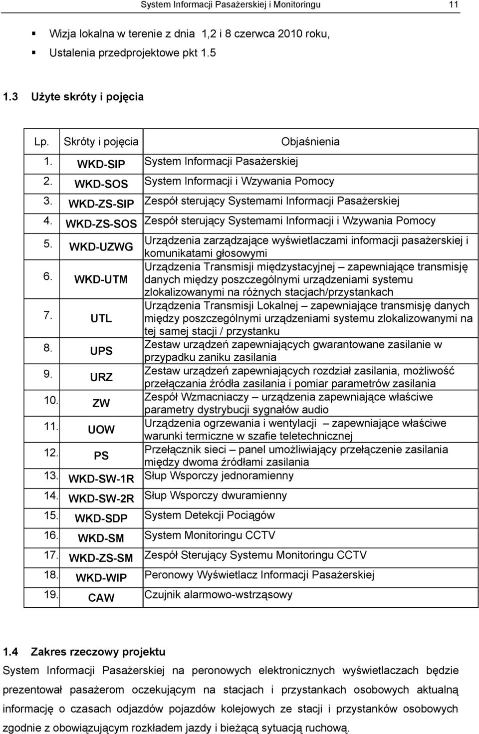 WKD-ZS-SOS Zespół sterujący Systemami Informacji i Wzywania Pomocy 5. WKD-UZWG Urządzenia zarządzające wyświetlaczami informacji pasażerskiej i komunikatami głosowymi 6.