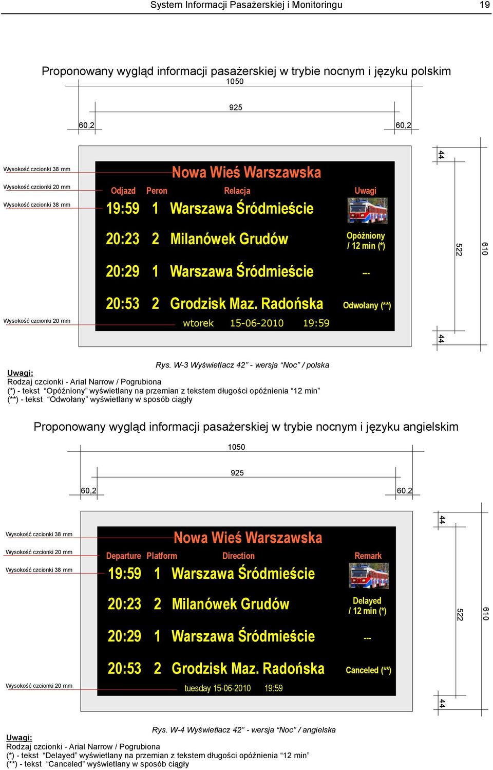 Śródmieście --- 20:53 2 Grodzisk Maz. Radońska Wysokość czcionki 20 mm wtorek 15-06-2010 19:59 Odwołany (**) Rys.