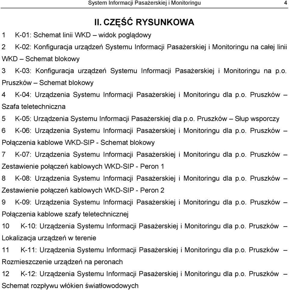 Systemu Informacji Pasażerskiej i Monitoringu na p.o. Pruszków Schemat blokowy 4 K-04: Urządzenia Systemu Informacji Pasażerskiej i Monitoringu dla p.o. Pruszków Szafa teletechniczna 5 K-05: Urządzenia Systemu Informacji Pasażerskiej dla p.