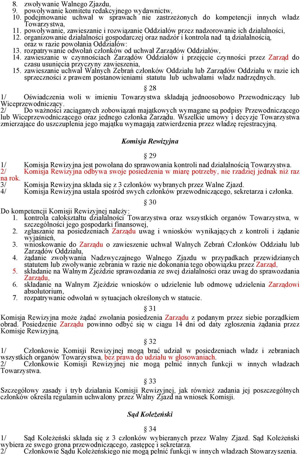 organizowanie działalności gospodarczej oraz nadzór i kontrola nad tą działalnością, oraz w razie powołania Oddziałów: 13. rozpatrywanie odwołań członków od uchwał Zarządów Oddziałów, 14.