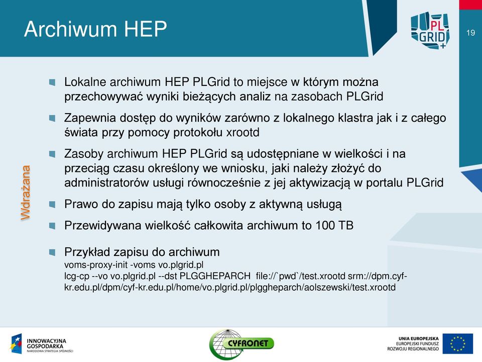 administratorów usługi równocześnie z jej aktywizacją w portalu PLGrid Prawo do zapisu mają tylko osoby z aktywną usługą Przewidywana wielkość całkowita archiwum to 100 TB Przykład zapisu