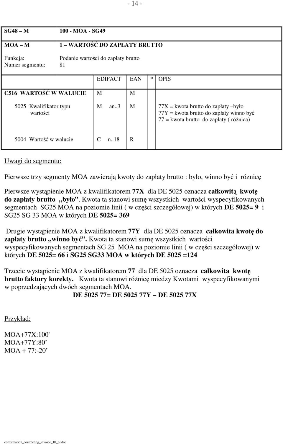 .18 R Pierwsze trzy segmenty MOA zawierają kwoty do zapłaty brutto : było, winno być i różnicę Pierwsze wystąpienie MOA z kwalifikatorem 77X dla DE 5025 oznacza całkowitą kwotę do zapłaty brutto było.