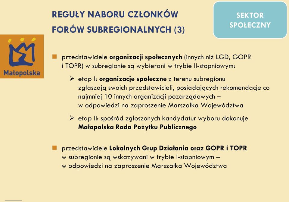 innych organizacji pozarządowych w odpowiedzi na zaproszenie Marszałka Województwa etap II: spośród zgłoszonych kandydatur wyboru dokonuje Małopolska Rada