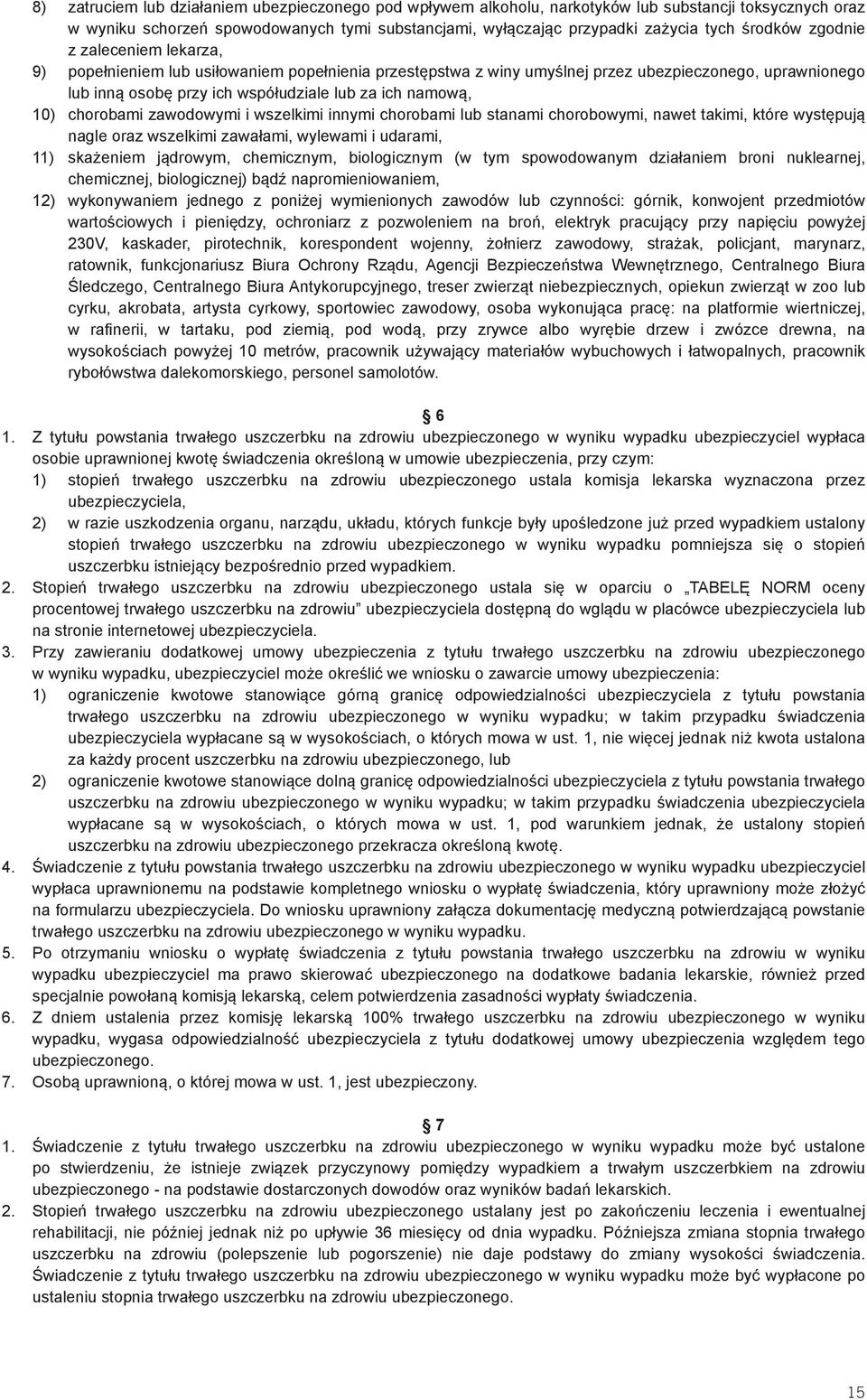 namową, 10) chorobami zawodowymi i wszelkimi innymi chorobami lub stanami chorobowymi, nawet takimi, które występują nagle oraz wszelkimi zawałami, wylewami i udarami, 11) skażeniem jądrowym,