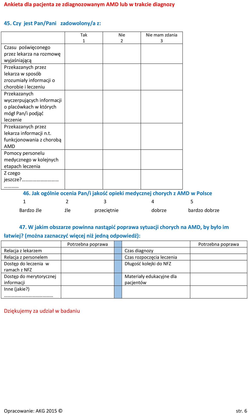 46. Jak ogólnie ocenia Pan/i jakość opieki medycznej chorych z AMD w Polsce 1 2 3 4 5 Bardzo źle źle przeciętnie dobrze bardzo dobrze 47.