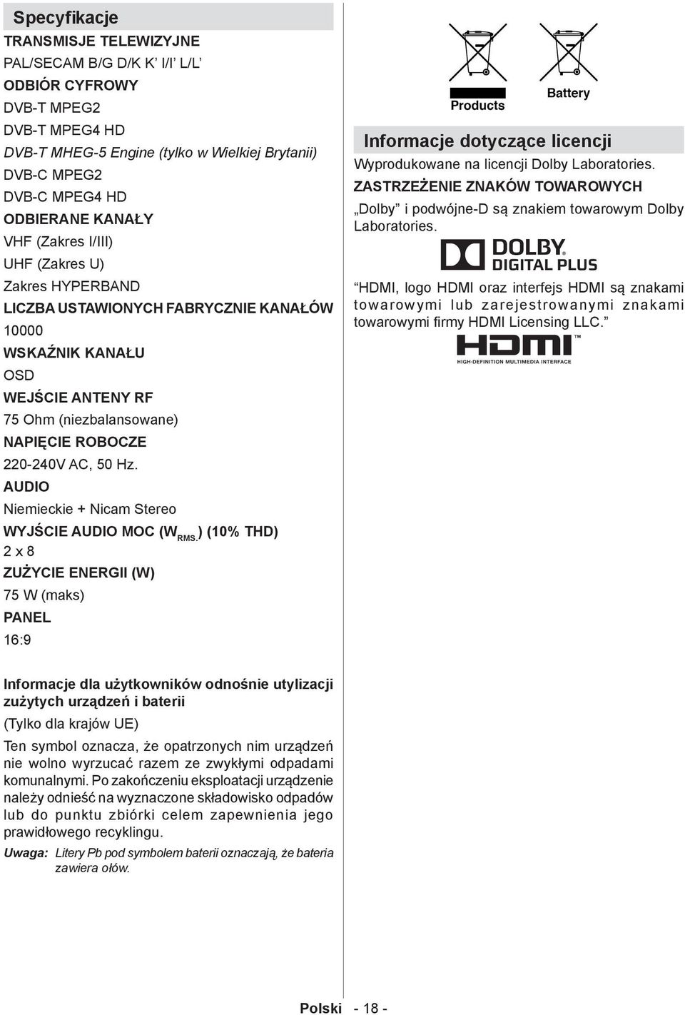 AUDIO Niemieckie + Nicam Stereo WYJŚCIE AUDIO MOC (W RMS. ) (10% THD) 2 x 8 ZUŻYCIE ENERGII (W) 75 W (maks) PANEL 16:9 Informacje dotyczące licencji Wyprodukowane na licencji Dolby Laboratories.