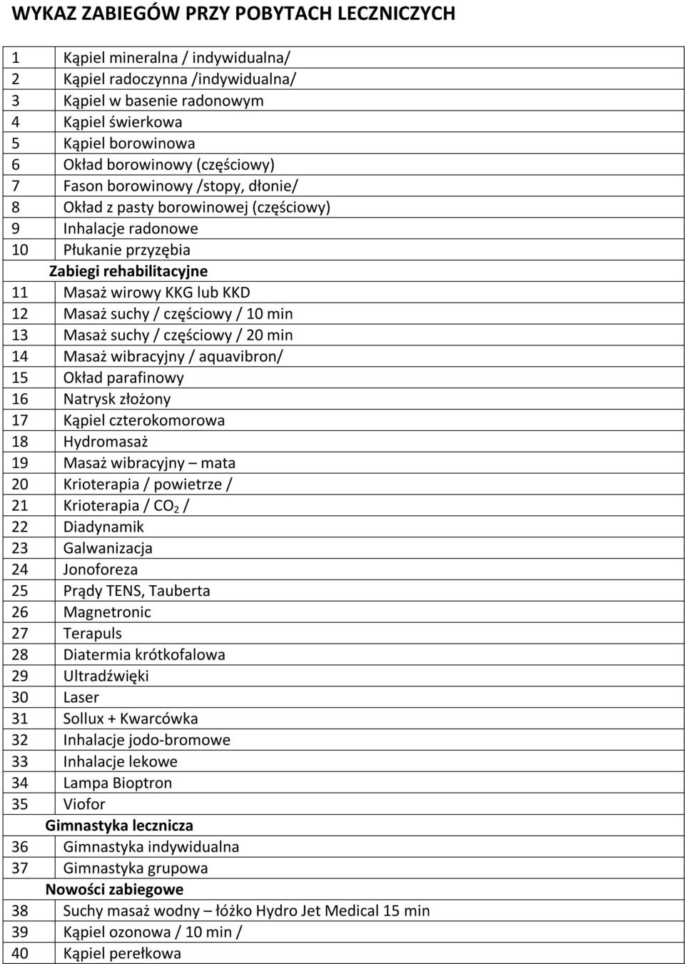 częściowy / 10 min 13 Masaż suchy / częściowy / 20 min 14 Masaż wibracyjny / aquavibron/ 15 Okład parafinowy 16 Natrysk złożony 17 Kąpiel czterokomorowa 18 Hydromasaż 19 Masaż wibracyjny mata 20
