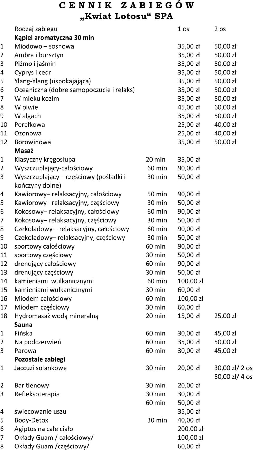 45,00 zł 60,00 zł 9 W algach 35,00 zł 50,00 zł 10 Perełkowa 25,00 zł 40,00 zł 11 Ozonowa 25,00 zł 40,00 zł 12 Borowinowa 35,00 zł 50,00 zł Masaż 1 Klasyczny kręgosłupa 20 min 35,00 zł 2