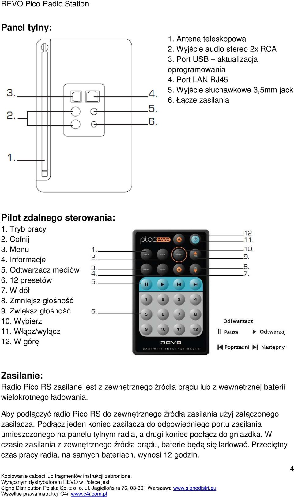 Włącz/wyłącz 12. W górę Zasilanie: Radio Pico RS zasilane jest z zewnętrznego źródła prądu lub z wewnętrznej baterii wielokrotnego ładowania.