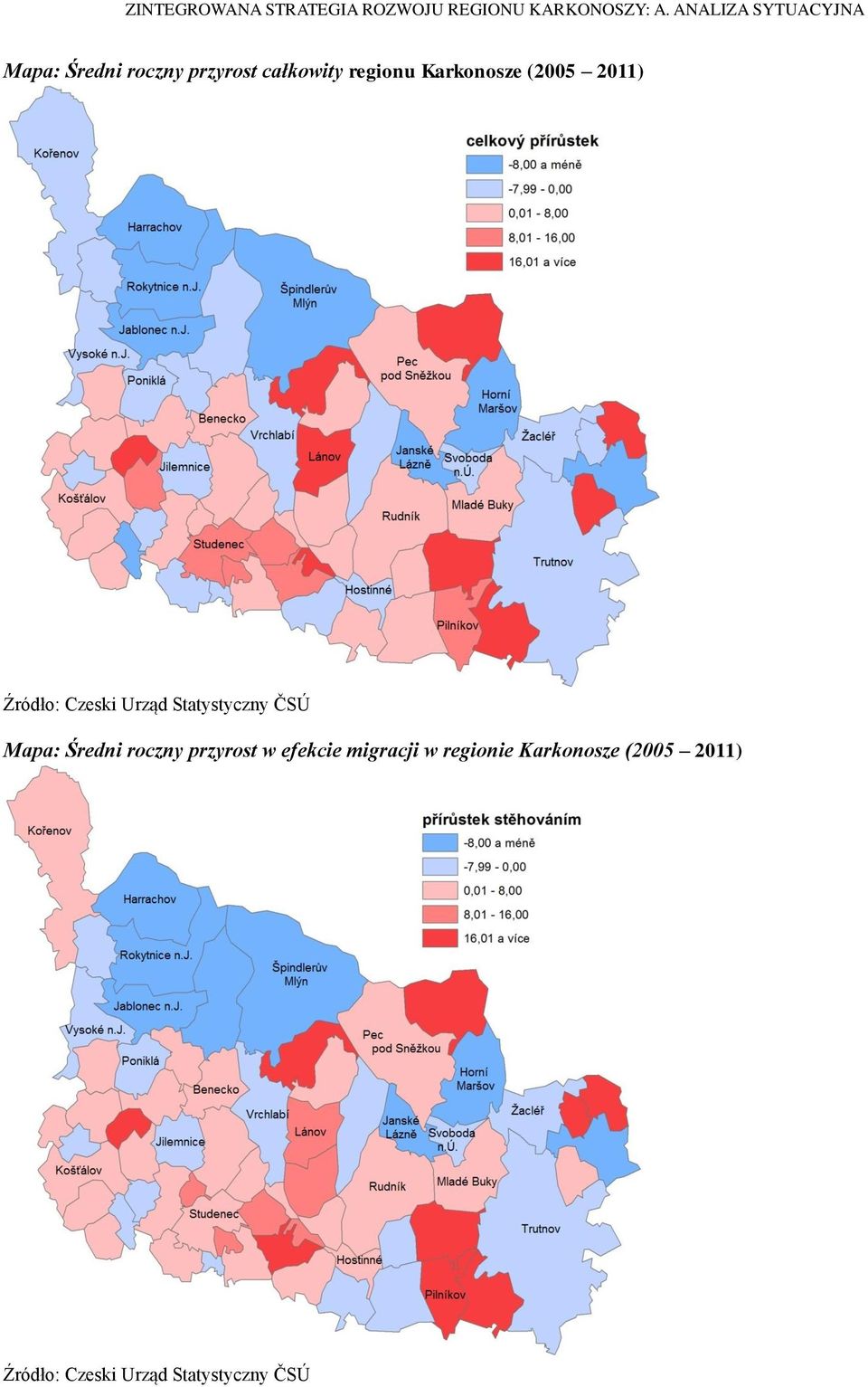 ČSÚ Mapa: Średni roczny przyrost w efekcie migracji w