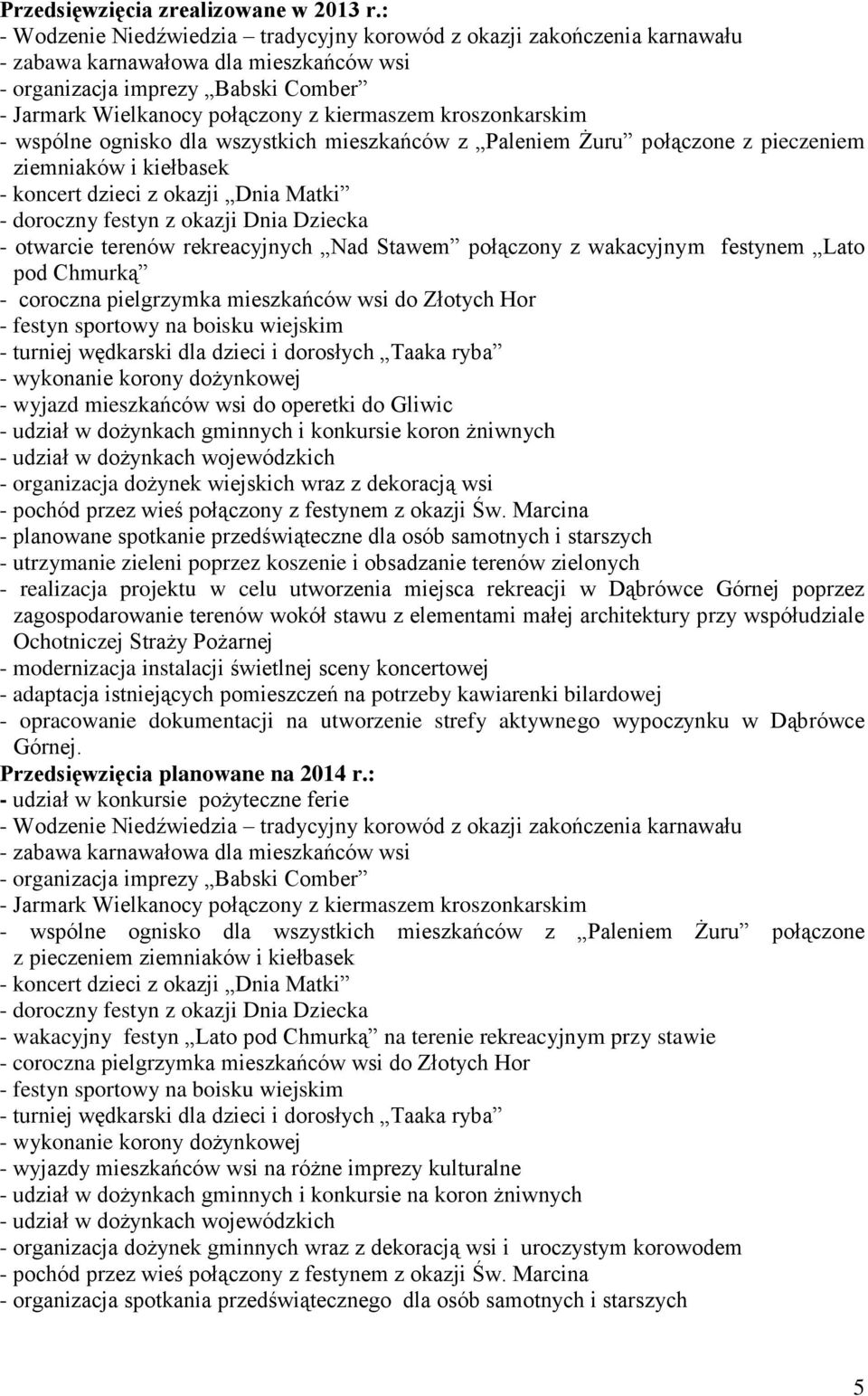 - otwarcie terenów rekreacyjnych Nad Stawem połączony z wakacyjnym festynem Lato pod Chmurką - coroczna pielgrzymka mieszkańców wsi do Złotych Hor - festyn sportowy na boisku wiejskim - turniej
