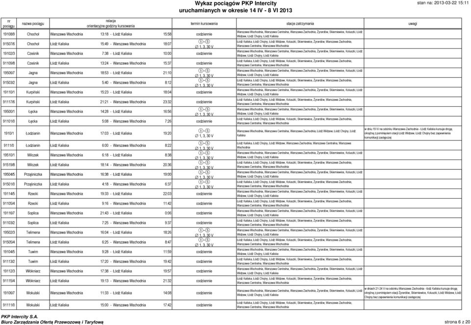 Wschodnia 15:23 - Łódź Kaliska 18:04 91117/6 Kurpiński Łódź Kaliska 21:21 - Warszawa Wschodnia 23:32 19500/1 Łęcka Warszawa Wschodnia 14:28 - Łódź Kaliska 16:56 91101/0 Łęcka Łódź Kaliska 5:08 -