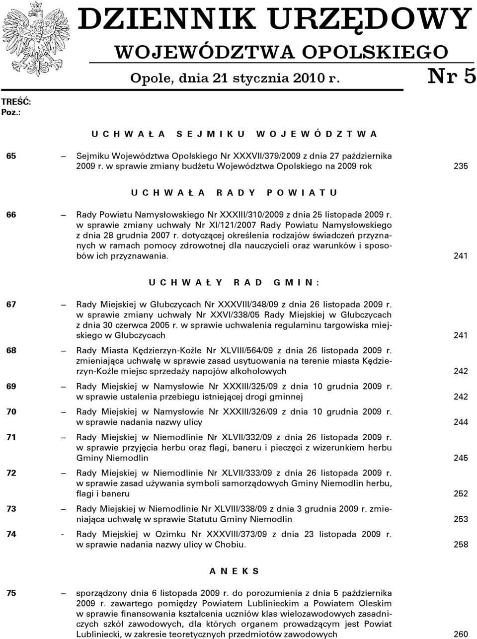 w sprawie zmiany budżetu Województwa Opolskiego na 2009 rok 235 U C H W A Ł A R A D Y P O W I A T U 66 Rady Powiatu Namysłowskiego Nr XXXIII/310/2009 z dnia 25 listopada 2009 r.
