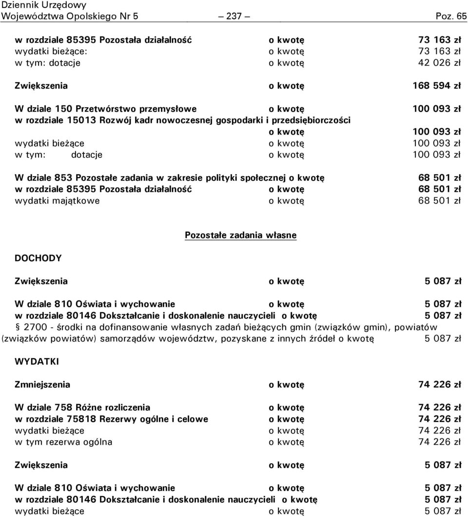 kwotę 100 093 zł w rozdziale 15013 Rozwój kadr nowoczesnej gospodarki i przedsiębiorczości o kwotę 100 093 zł wydatki bieżące o kwotę 100 093 zł w tym: dotacje o kwotę 100 093 zł W dziale 853