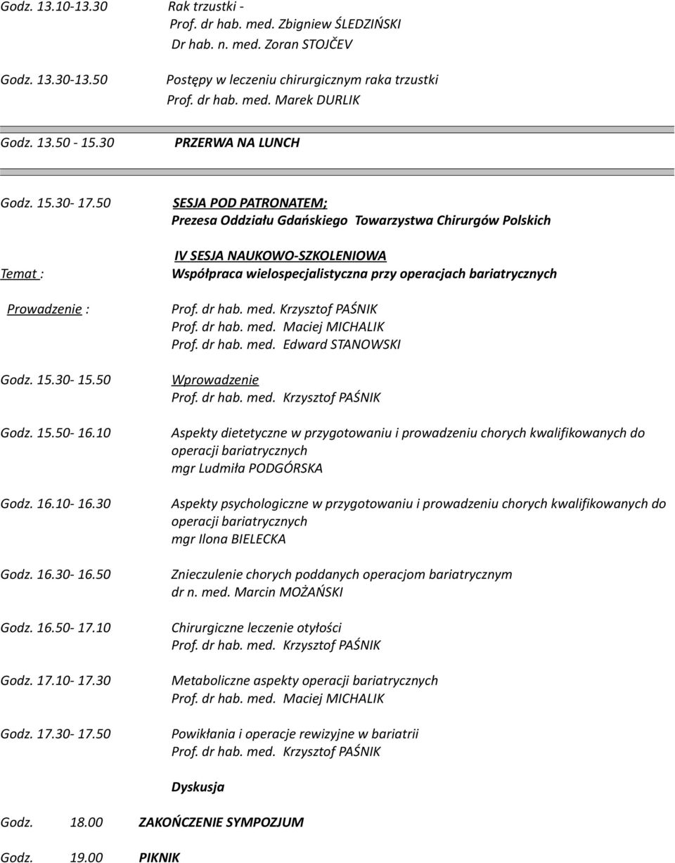 50 Godz. 16.50-17.10 Godz. 17.10-17.30 Godz. 17.30-17.50 IV SESJA NAUKOWO-SZKOLENIOWA Współpraca wielospecjalistyczna przy operacjach bariatrycznych Prof. dr hab. med.