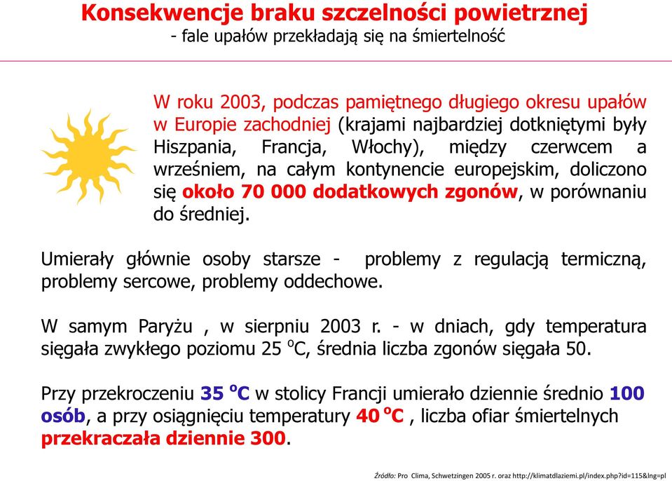 Umierały głównie osoby starsze - problemy z regulacją termiczną, problemy sercowe, problemy oddechowe. W samym Paryżu, w sierpniu 2003 r.