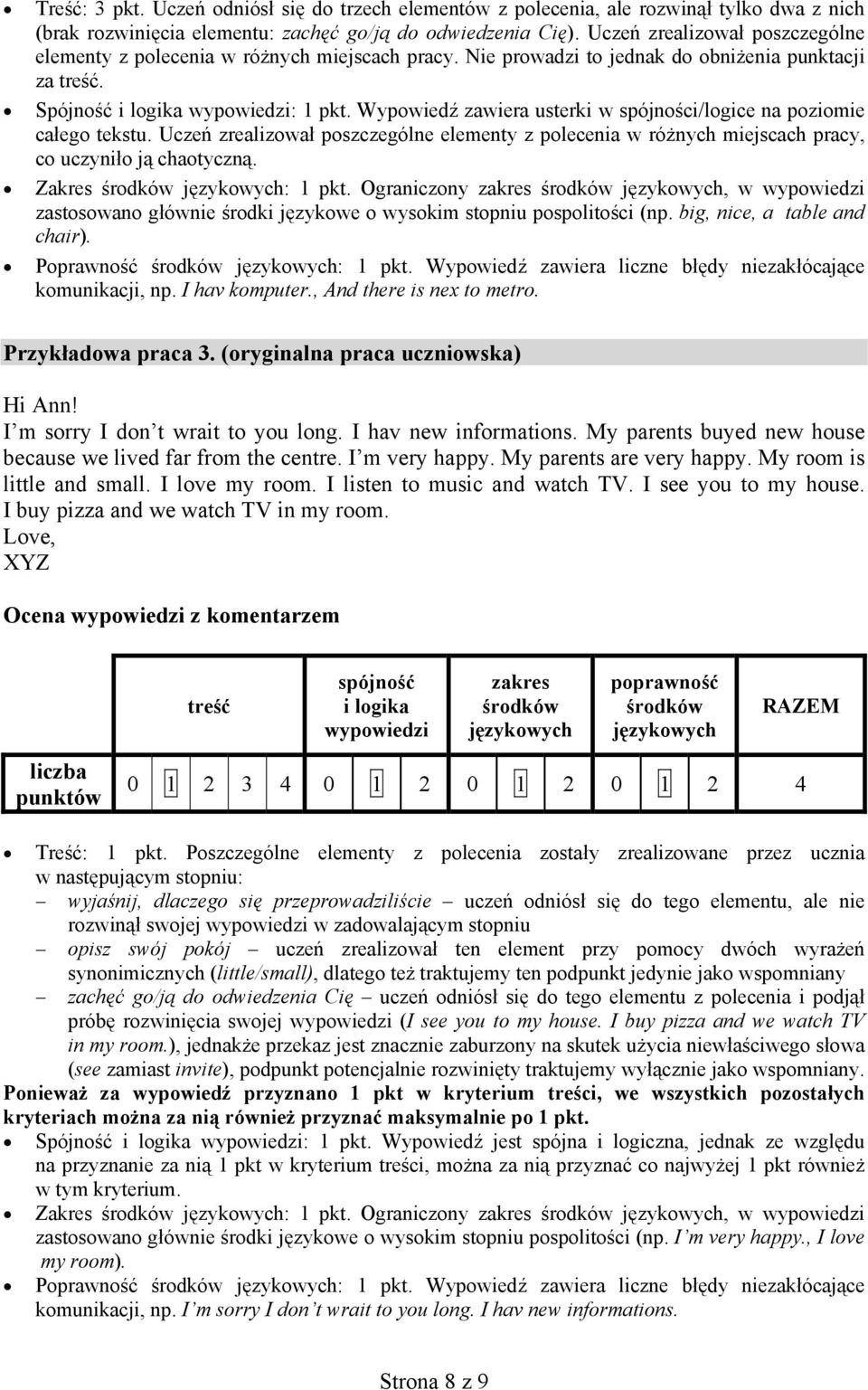 Wypowiedź zawiera usterki w spójności/logice na poziomie całego tekstu. Uczeń zrealizował poszczególne elementy z polecenia w różnych miejscach pracy, co uczyniło ją chaotyczną. Zakres : 1 pkt.