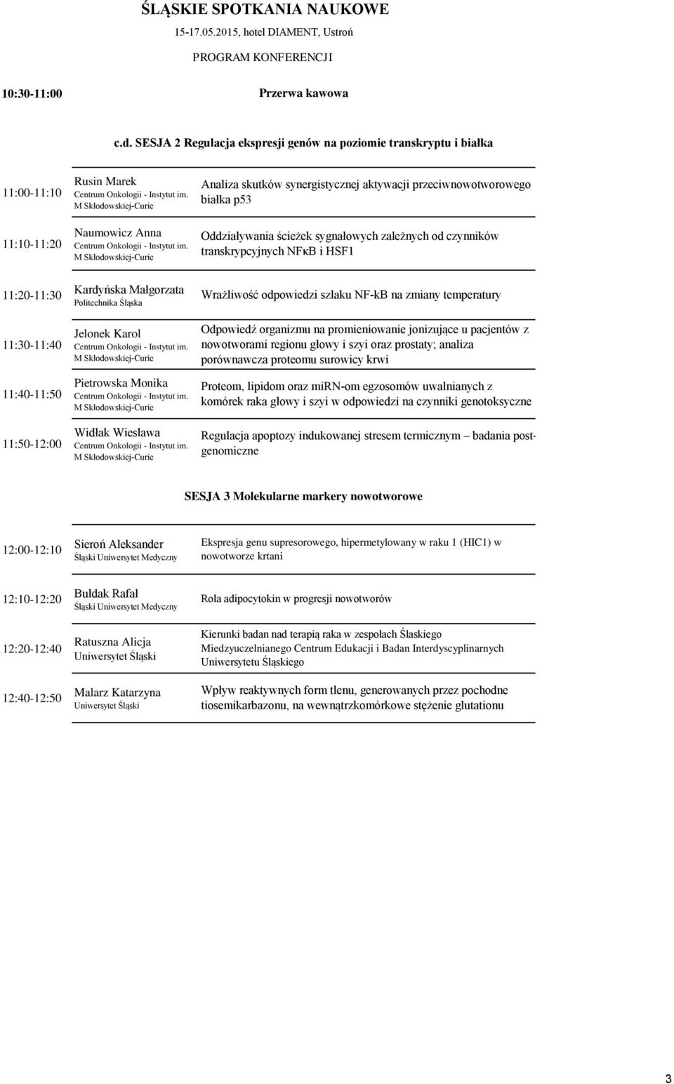 Oddziaływania ścieżek sygnałowych zależnych od czynników transkrypcyjnych NFκB i HSF1 11:20-11:30 11:30-11:40 11:40-11:50 11:50-12:00 Kardyńska Małgorzata Jelonek Karol Pietrowska Monika Widłak