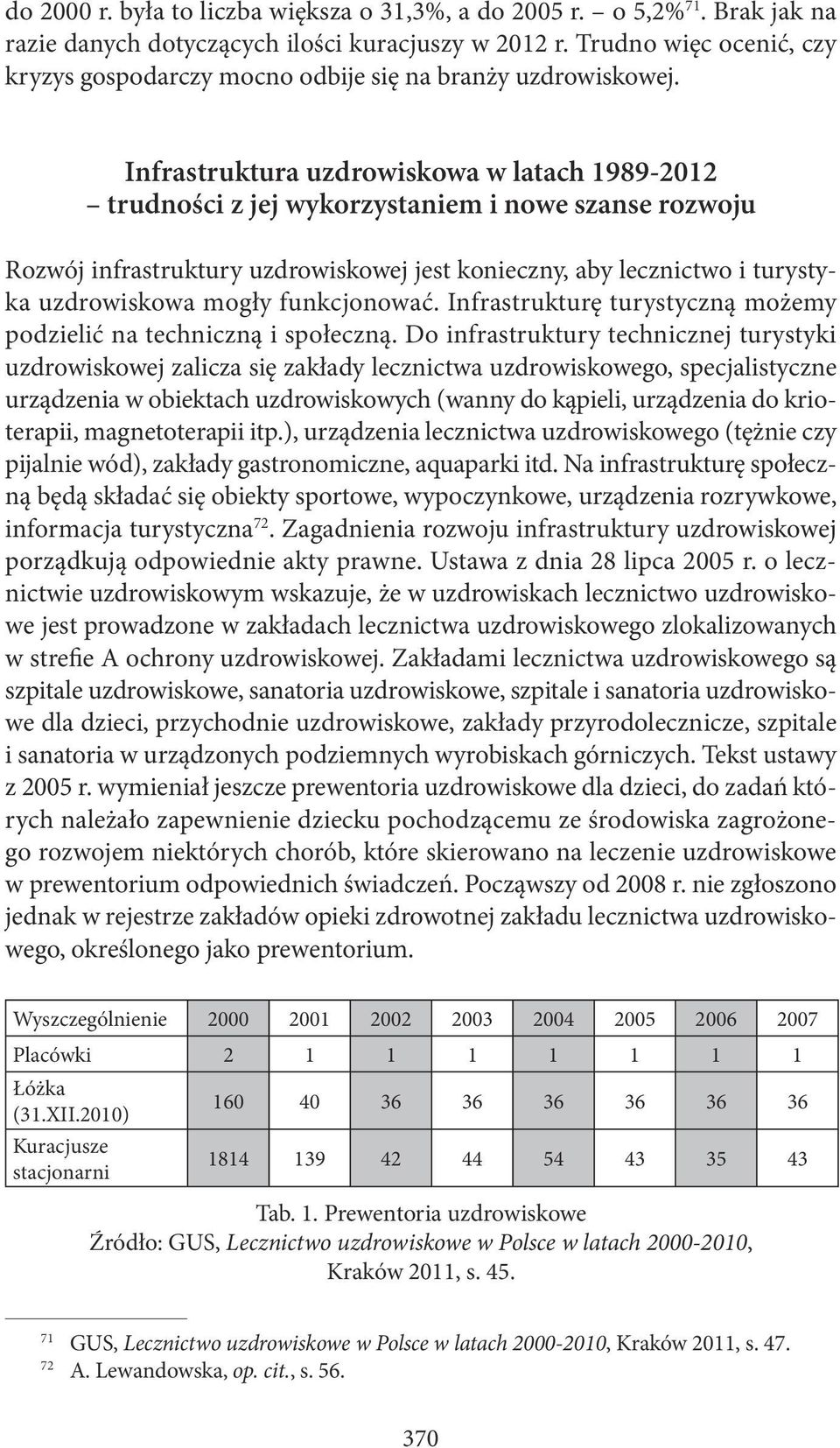 Infrastruktura uzdrowiskowa w latach 1989-2012 trudności z jej wykorzystaniem i nowe szanse rozwoju Rozwój infrastruktury uzdrowiskowej jest konieczny, aby lecznictwo i turystyka uzdrowiskowa mogły