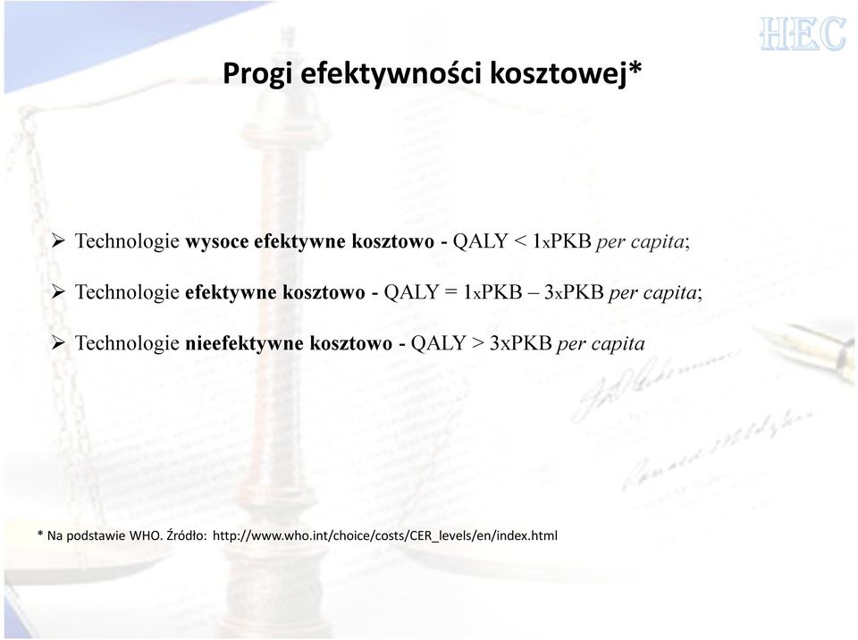 capita; Technologie nieefektywne kosztowo - QALY > 3xPKB per capita * Na