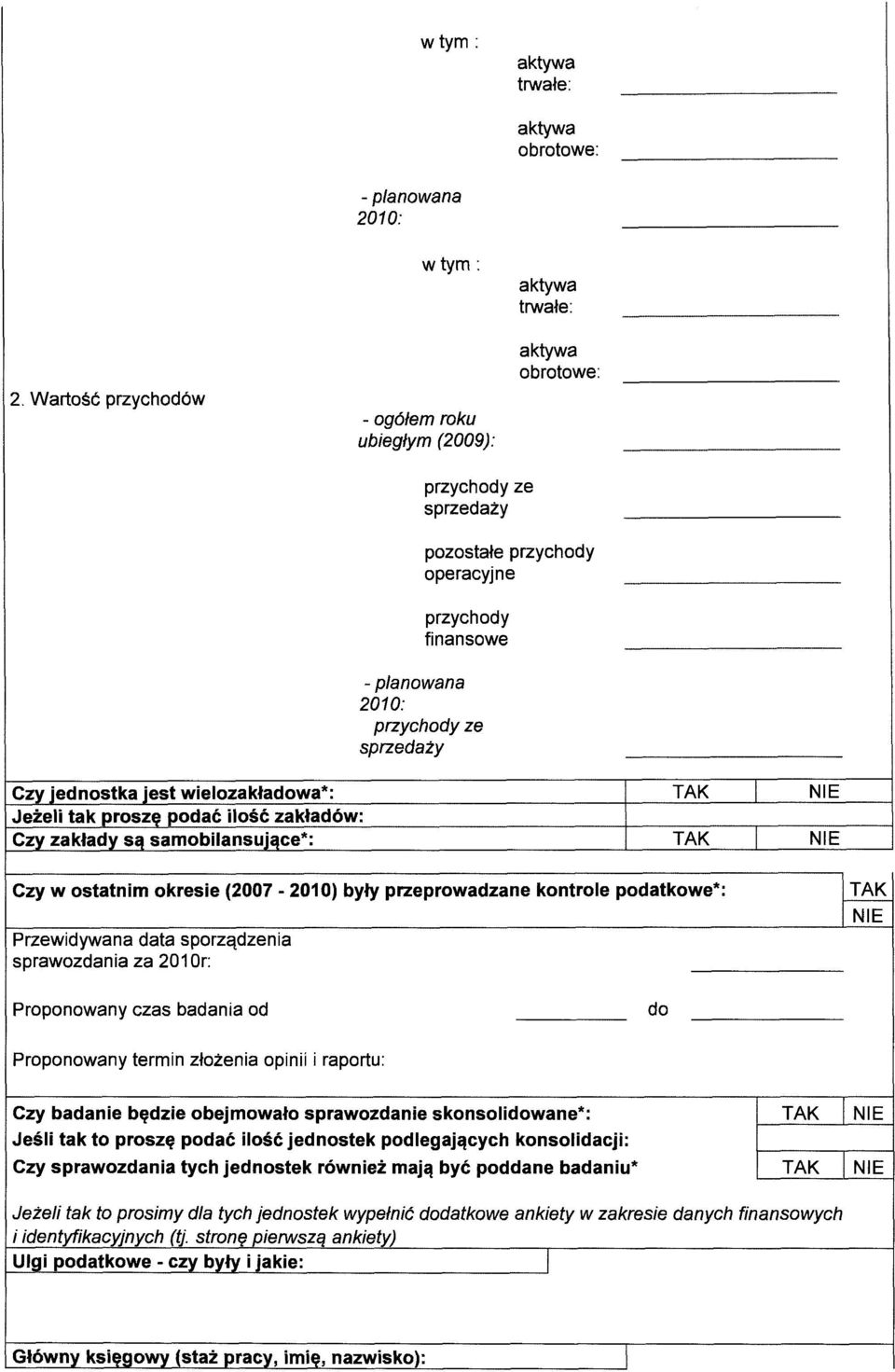 sprzedaży Czy jednostka jest wielozakładowa*: Jeżeli tak proszę podać ilość zakładów: Czy zakłady są samobilansujące* Czy w ostatnim okresie (2007-2010) były przeprowadzane kontrole podatkowe*