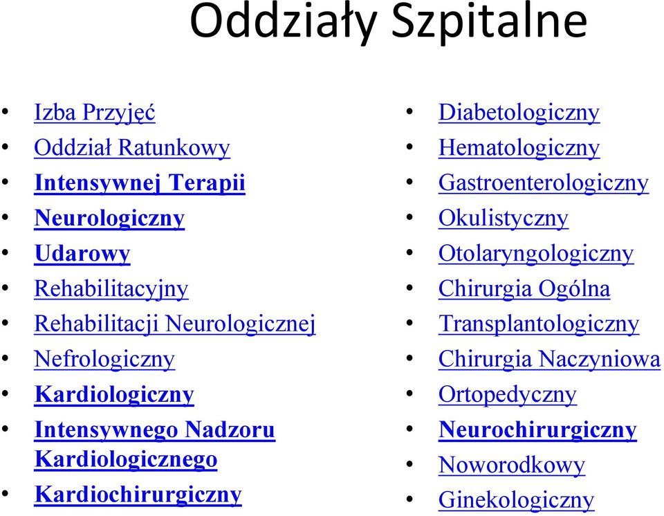 Kardiologicznego Kardiochirurgiczny Diabetologiczny Hematologiczny Gastroenterologiczny Okulistyczny