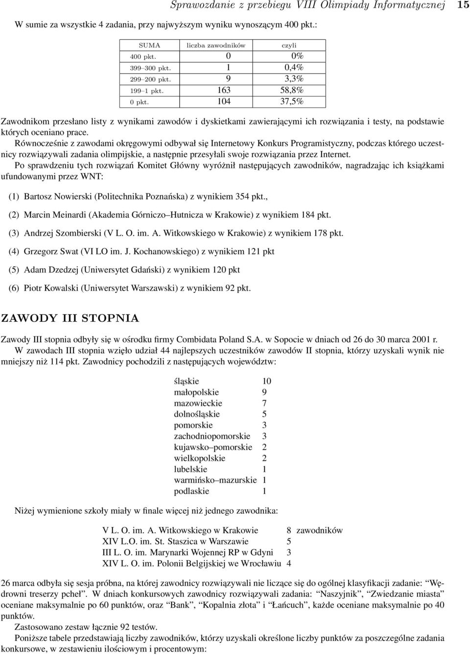Równocześnie z zawodami okręgowymi odbywał się Internetowy Konkurs Programistyczny, podczas którego uczestnicy rozwiązywali zadania olimpijskie, a następnie przesyłali swoje rozwiązania przez