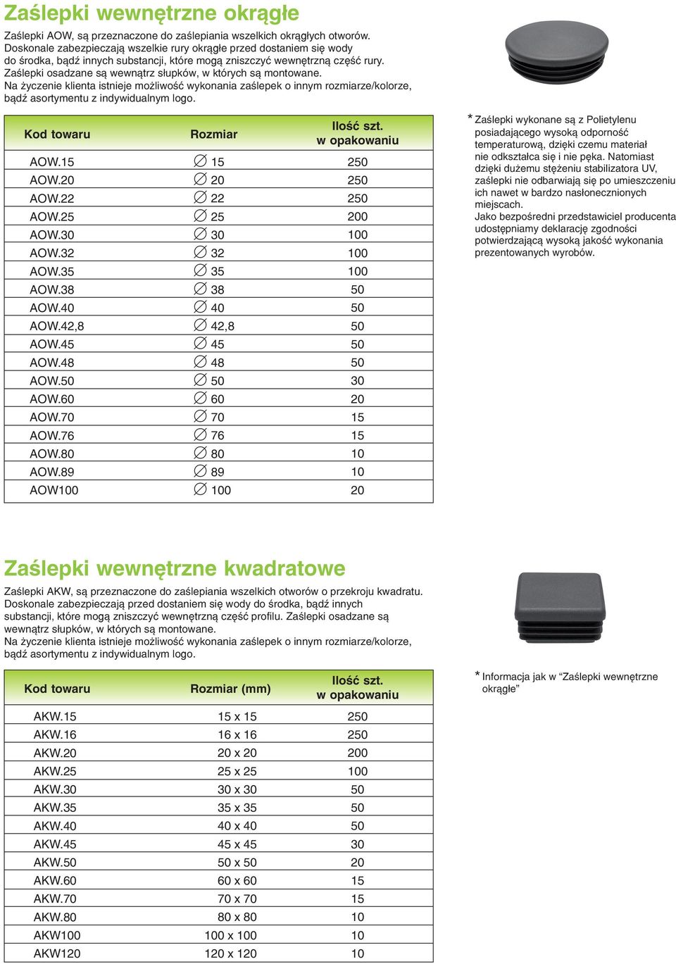 Zaślepki osadzane są wewnątrz słupków, w których są montowane. Na życzenie klienta istnieje możliwość wykonania zaślepek o innym rozmiarze/kolorze, bądź asortymentu z indywidualnym logo. AOW. AOW. AOW.22 AOW.