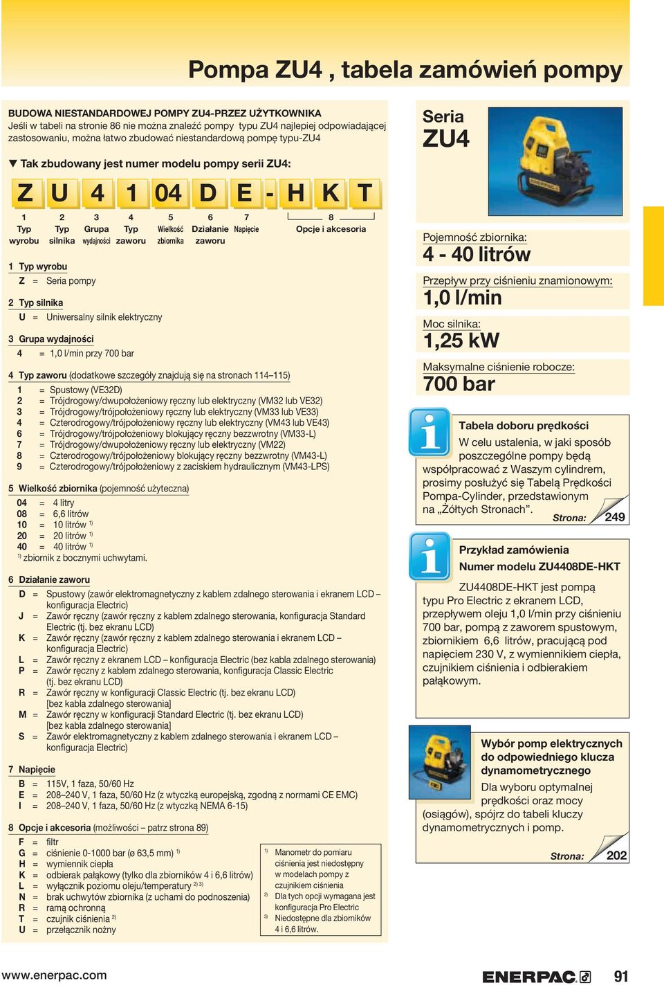 silnik elektryczny 3 rupa wydajności 4 = 1,0 l/min przy 700 bar 5 Wielkość zbiornika 6 Działanie zaworu 7 Napięcie 4 zaworu (dodatkowe szczegóły znajdują się na stronach 114115) 1 = Spustowy (VED) 2