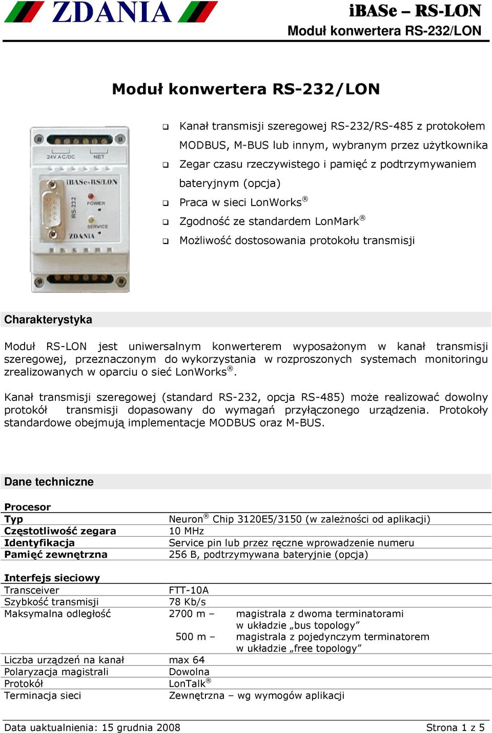 do wykorzystania w rozproszonych systemach monitoringu zrealizowanych w oparciu o sieć LonWorks.