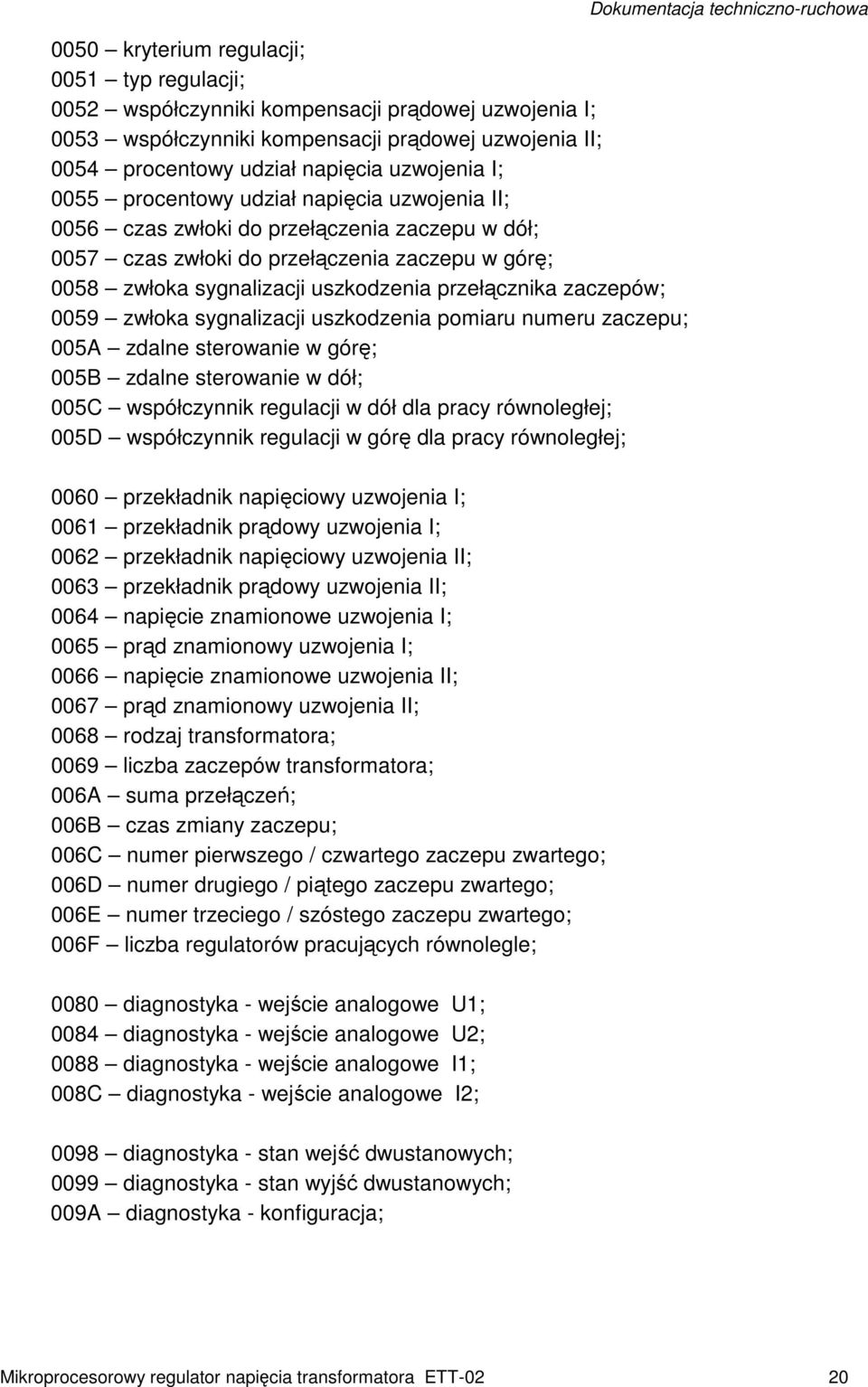 zaczepów; 0059 zwłoka sygnalizacji uszkodzenia pomiaru numeru zaczepu; 005A zdalne sterowanie w górę; 005B zdalne sterowanie w dół; 005C współczynnik regulacji w dół dla pracy równoległej; 005D