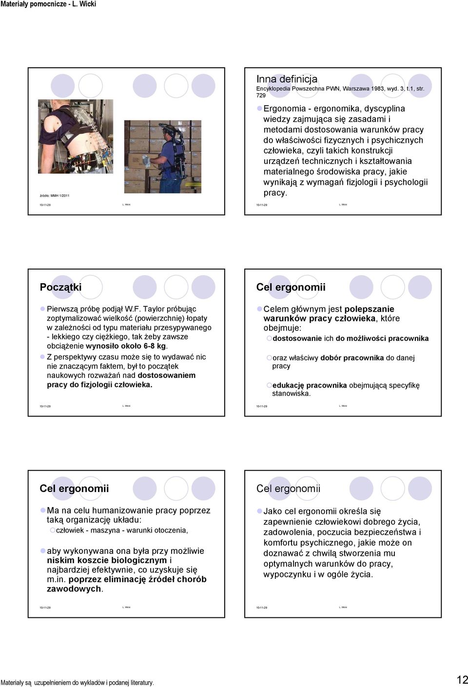 technicznych i kształtowania materialnego środowiska pracy, jakie wynikają z wymagań fizjologii i psychologii pracy. Początki Pierwszą próbę podjął W.F.