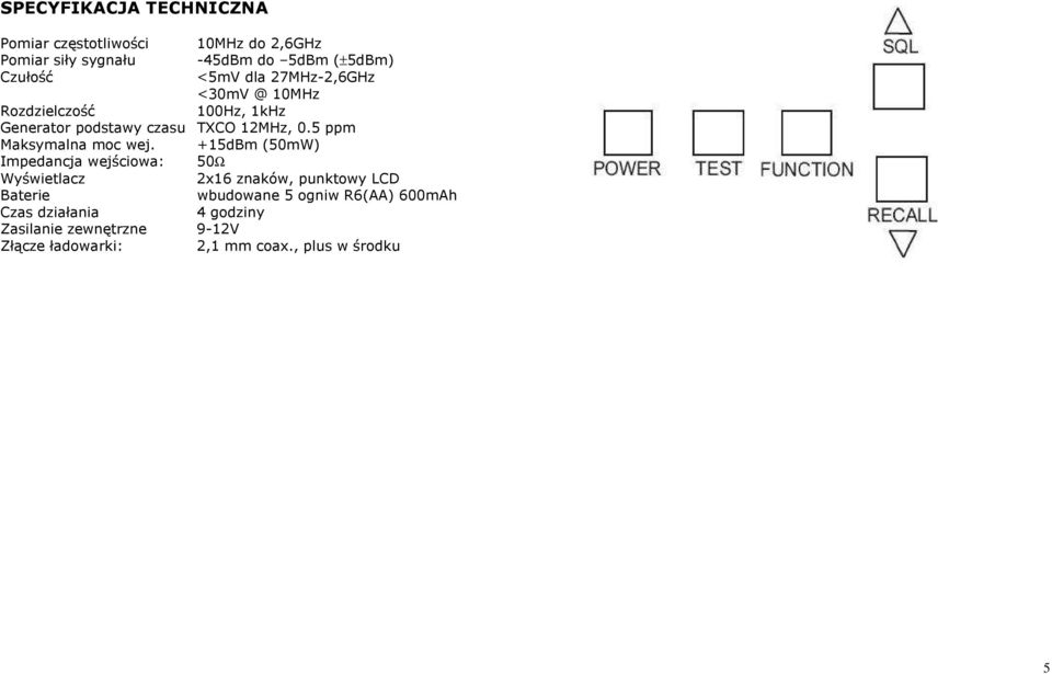 5 ppm Maksymalna moc wej.