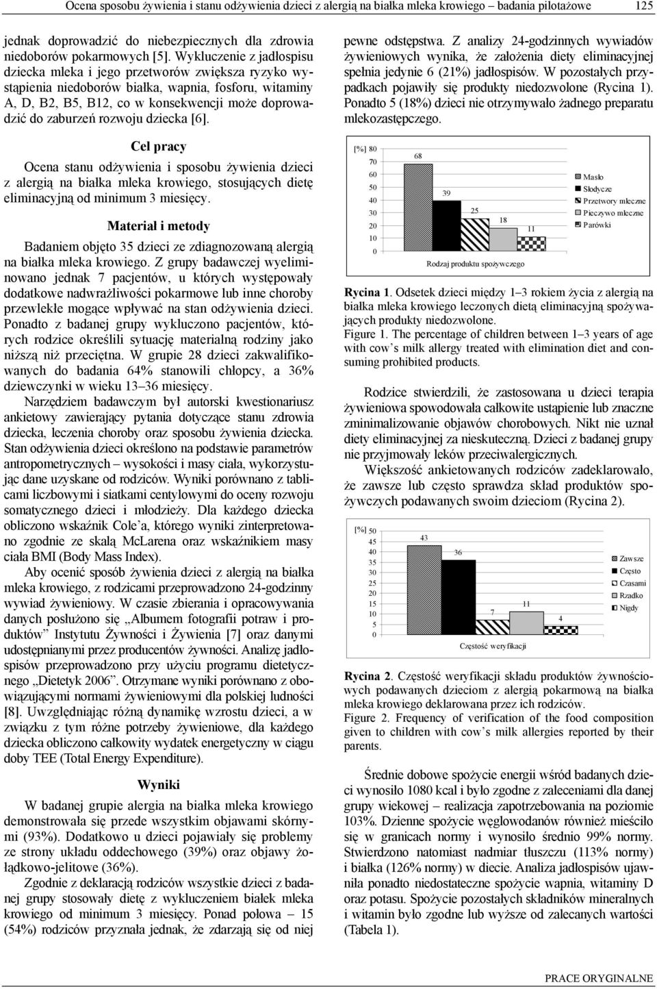 rozwoju dziecka [6]. Cel pracy Ocena stanu odżywienia i sposobu żywienia z alergią na białka mleka krowiego, stosujących dietę eliminacyjną od minimum 3 miesięcy.