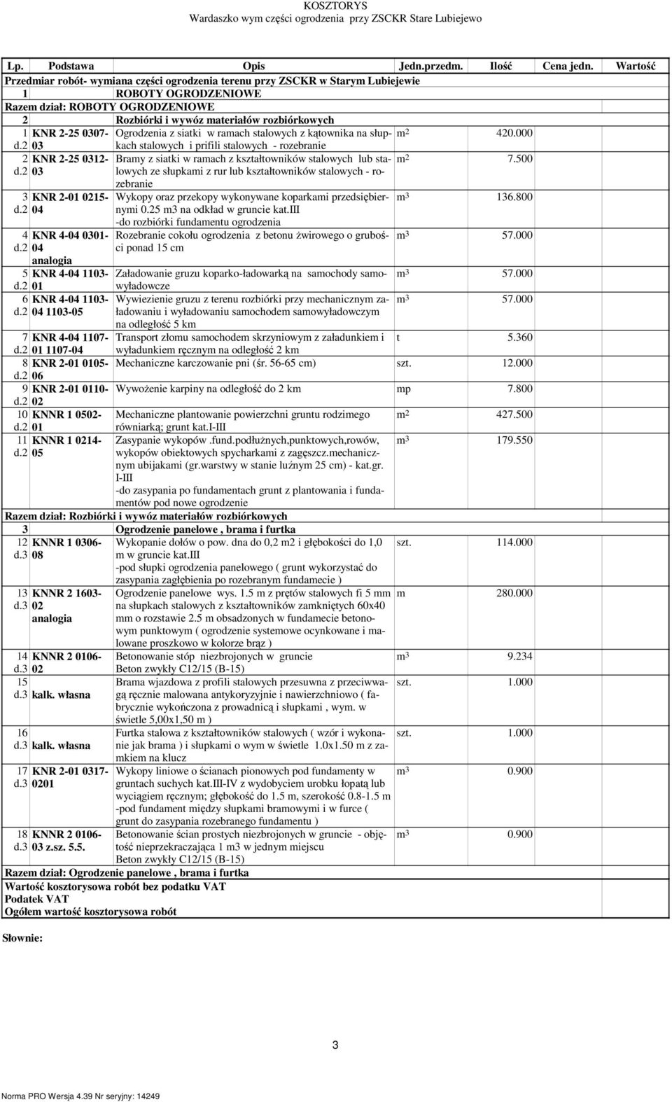 0307- Ogrodzenia z siatki w ramach stalowych z kątownika na słup- m 2 420.000 d.2 03 2 d.2 KNR 2-25 0312-03 3 KNR 2-01 0215- d.2 04 4 KNR 4-04 0301- d.