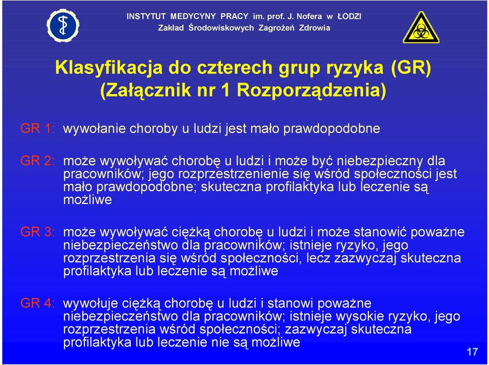 stanowić poważne niebezpieczeństwo dla pracowników; istnieje ryzyko, jego rozprzestrzenia się wśród społeczności, lecz zazwyczaj skuteczna profilaktyka lub leczenie są możliwe GR 4: wywołuje