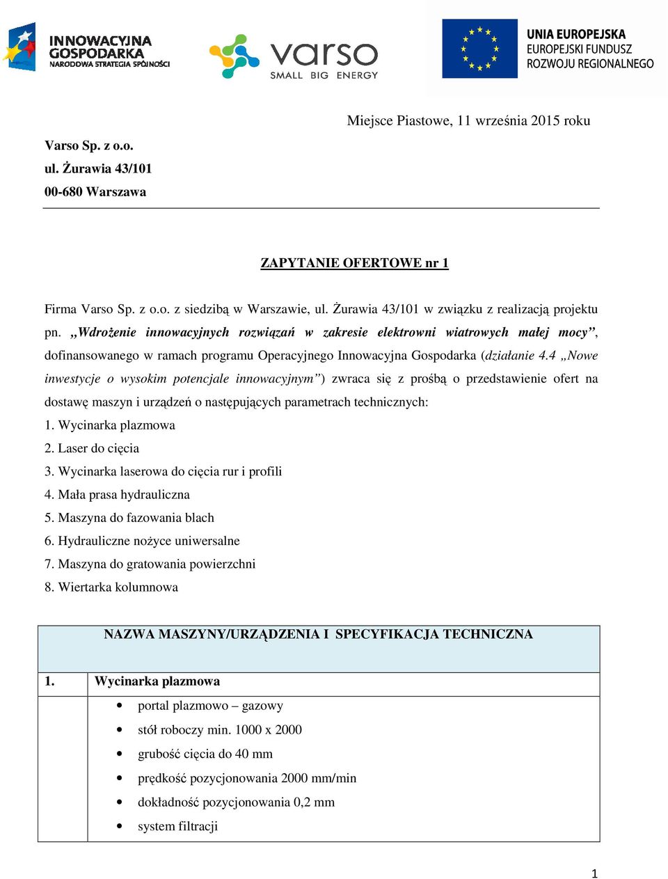 Wdrożenie innowacyjnych rozwiązań w zakresie elektrowni wiatrowych małej mocy, dofinansowanego w ramach programu Operacyjnego Innowacyjna Gospodarka (działanie 4.