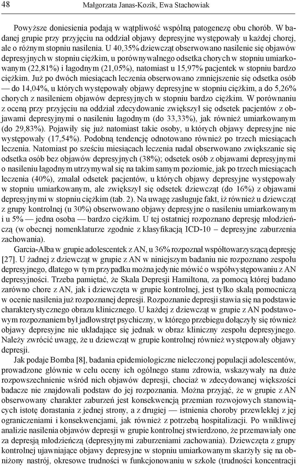 U 40,35% dziewcząt obserwowano nasilenie się objawów depresyjnych w stopniu ciężkim, u porównywalnego odsetka chorych w stopniu umiarkowanym (22,81%) i łagodnym (21,05%), natomiast u 15,97% pacjentek