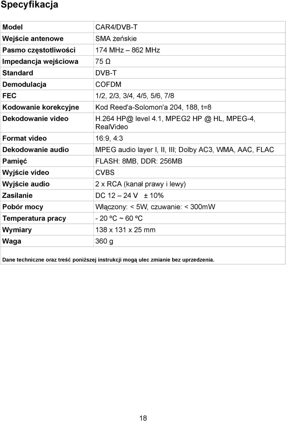 1, MPEG2 HP @ HL, MPEG-4, RealVideo MPEG audio layer I, II, III; Dolby AC3, WMA, AAC, FLAC FLASH: 8MB, DDR: 256MB CVBS 2 x RCA (kanał prawy i lewy) Zasilanie DC 12 24 V ± 10% Pobór