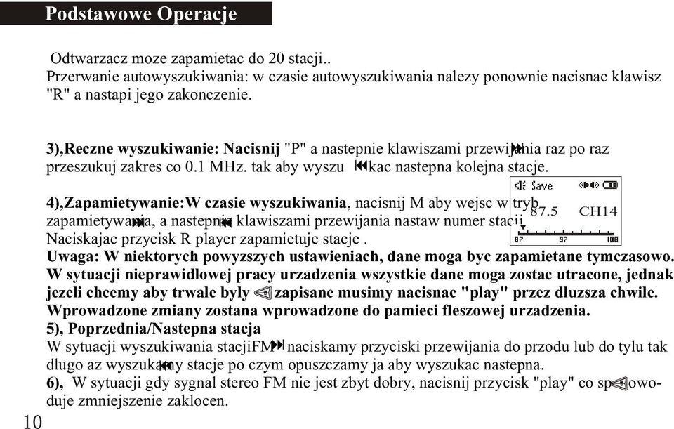 4),Zapamietywanie:W czasie wyszukiwania, nacisnij M aby wejsc w tryb 87.5 CH14 zapamietywania, a nastepnie klawiszami przewijania nastaw numer stacji. Naciskajac przycisk R player zapamietuje stacje.