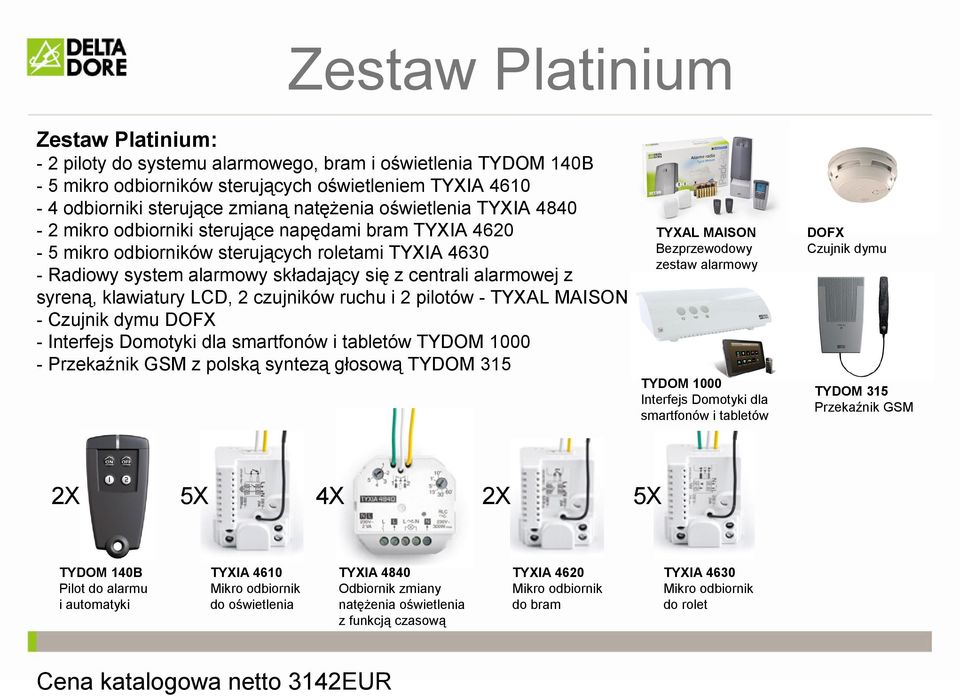 syreną, klawiatury LCD, 2 czujników ruchu i 2 pilotów - TYXAL MAISON - Czujnik dymu DOFX - Interfejs Domotyki dla smartfonów i tabletów TYDOM 1000 - Przekaźnik GSM z polską syntezą głosową TYDOM 315