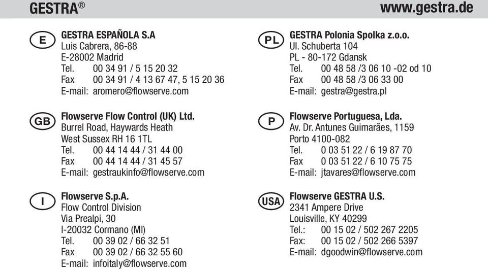 Flow Control Division Via Prealpi, 30 l-20032 Cormano (MI) Tel. 00 39 02 / 66 32 51 Fax 00 39 02 / 66 32 55 60 E-mail: infoitaly@flowserve.com P GESTRA Polonia Spolka z.o.o. Ul.