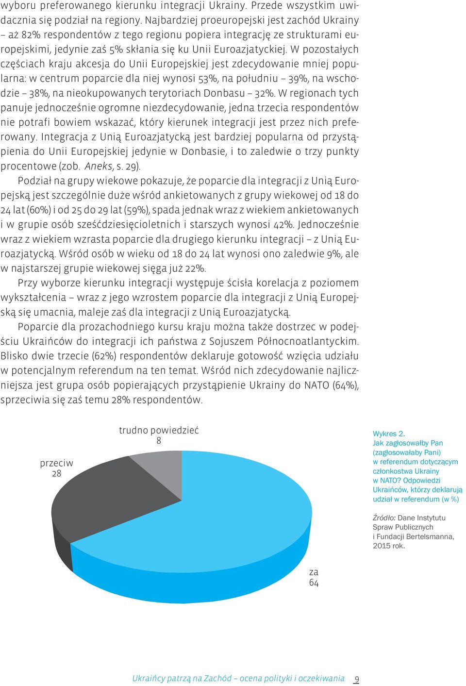 W pozostałych częściach kraju akcesja do Unii Europejskiej jest zdecydowanie mniej popularna: w centrum poparcie dla niej wynosi 53%, na południu 39%, na wschodzie 38%, na nieokupowanych terytoriach