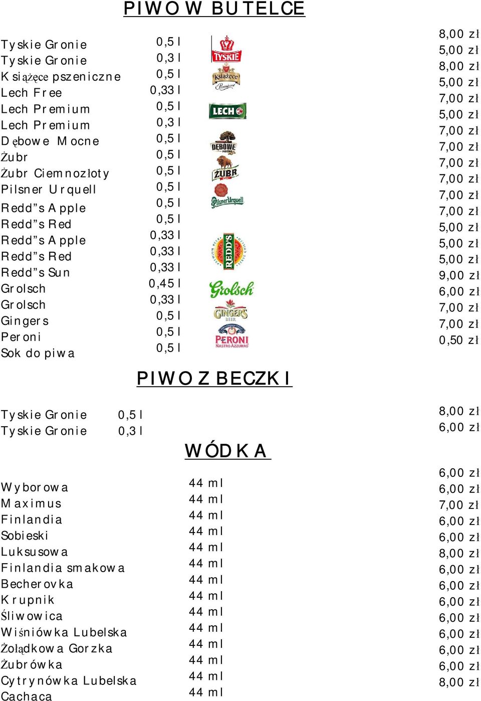 0,33 l 0,3 l 0,33 l 0,33 l 0,33 l 0,45 l 0,33 l PIWO Z BECZKI 0,50 zł Tyskie Gronie Tyskie Gronie 0,3 l Wyborowa Maximus Finlandia