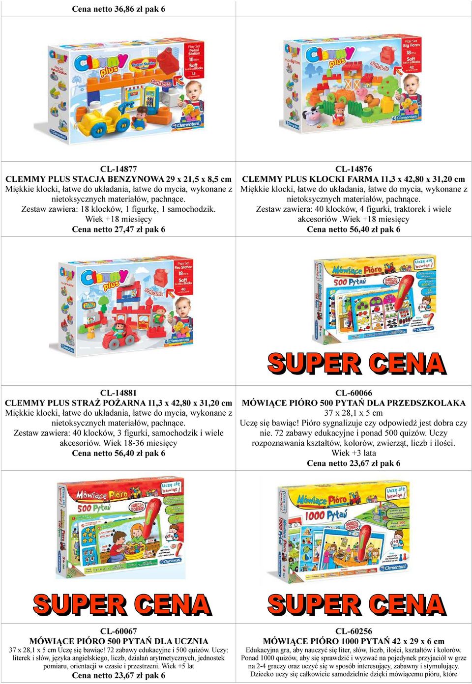 wiek +18 miesięcy Cena netto 56,40 zł pak 6 CL-14881 CLEMMY PLUS STRAŻ POŻARNA 11,3 x 42,80 x 31,20 cm Zestaw zawiera: 40 klocków, 3 figurki, samochodzik i wiele akcesoriów.