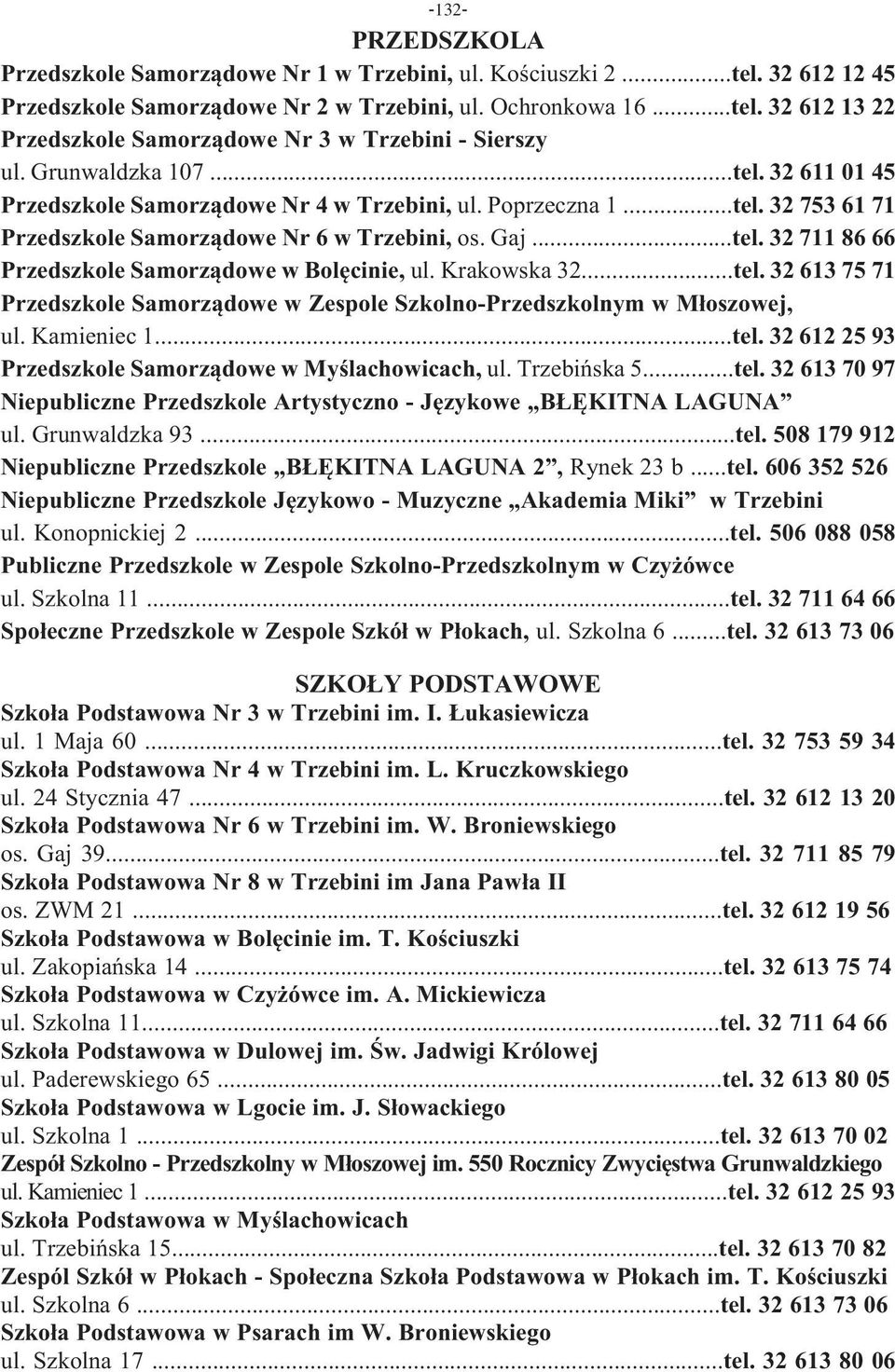Krakowska 32...tel. 32 613 75 71 Przedszkole Samorządowe w Zespole Szkolno-Przedszkolnym w Młoszowej, ul. Kamieniec 1...tel. 32 612 25 93 Przedszkole Samorządowe w Myślachowicach, ul. Trzebińska 5.