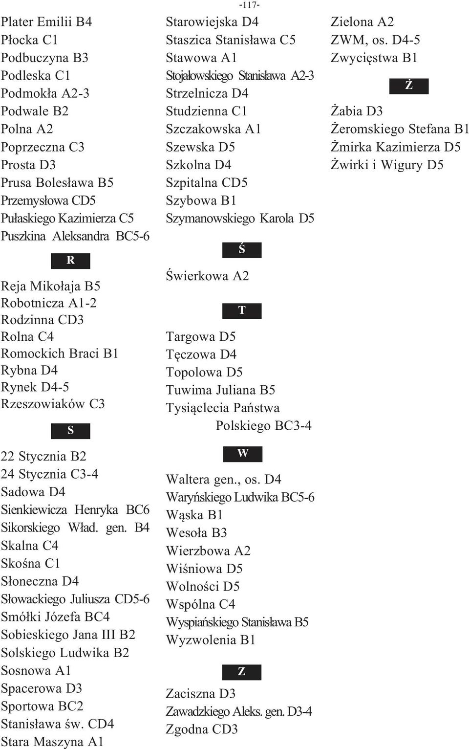 gen. B4 Skalna C4 Skośna C1 Słoneczna D4 Słowackiego Juliusza CD5-6 Smółki Józefa BC4 Sobieskiego Jana III B2 Solskiego Ludwika B2 Sosnowa A1 Spacerowa D3 Sportowa BC2 Stanisława św.